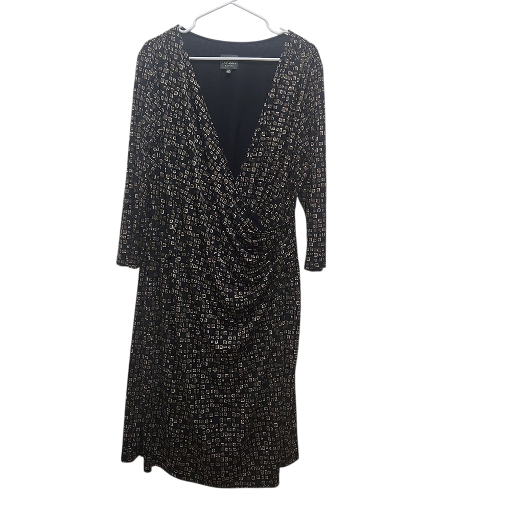Adrianna Papell Faux Wrap Dress Black & Brown Geo Print Plus Size 22W Stretchy